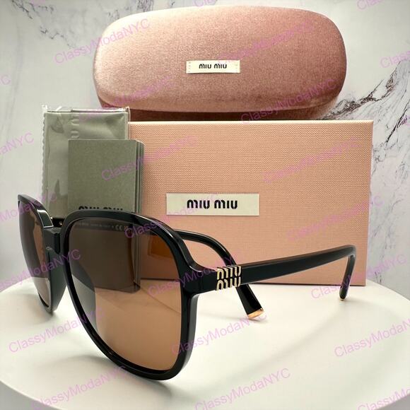 New MIU MIU Sunglasses MU B01S 16K90Q Black Brown Lens Oversized Pillow Square main image 7